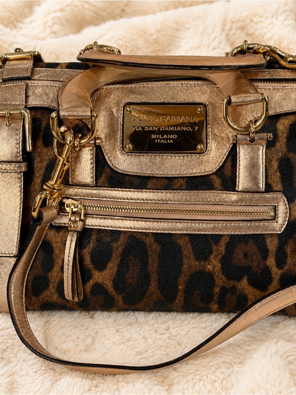 🔥 Dolce & Gabbana Leopard Print Metallic Bronze Satchel Crossbody Bag